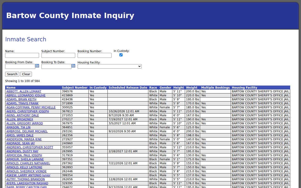 Official inmate inquiry for Bartow County arrest history