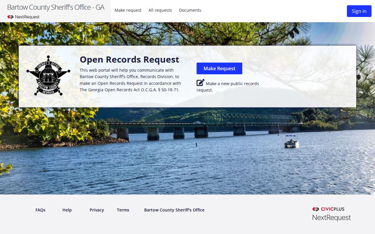 NextRequest portal for Bartow County arrest and booking records
