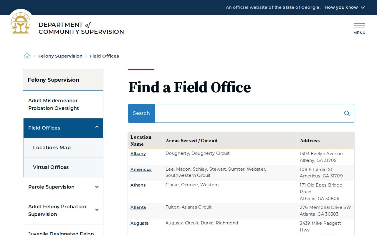 Georgia community supervision field office directory