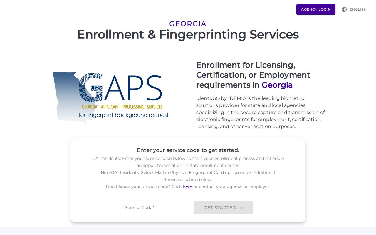 Georgia IdentoGO fingerprint enrollment page