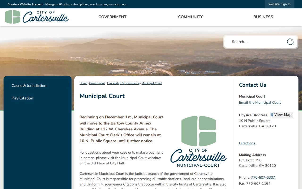 Cartersville Municipal Court information page