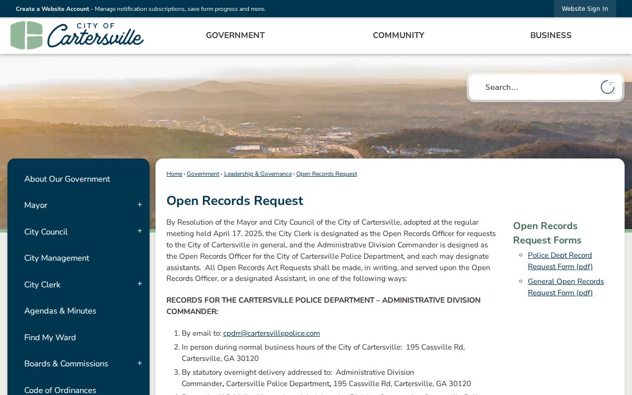 Cartersville police open-records request page