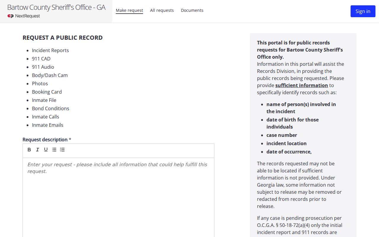 Bartow County Sheriff new open-records request screen